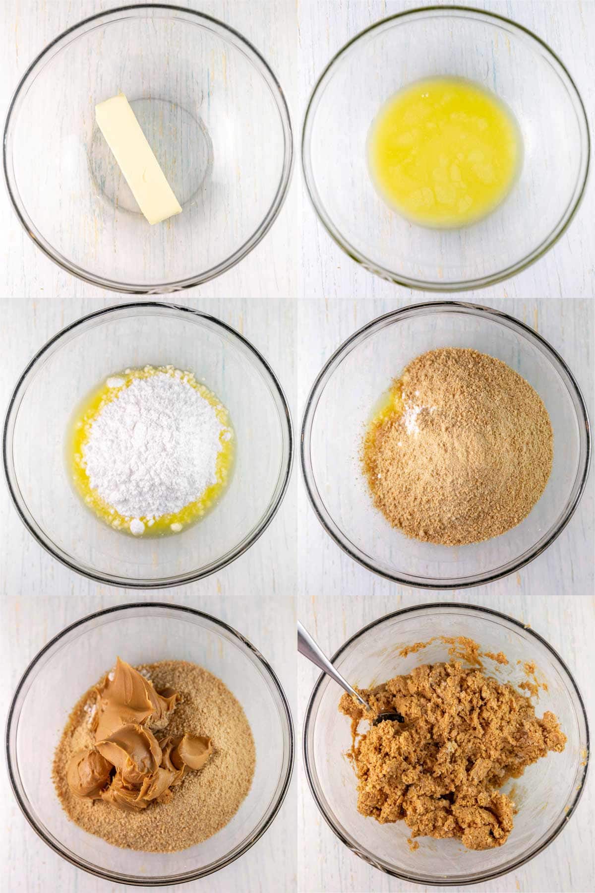 step by step photos of mixing together butter, sugar, graham crackers, and peanut butter