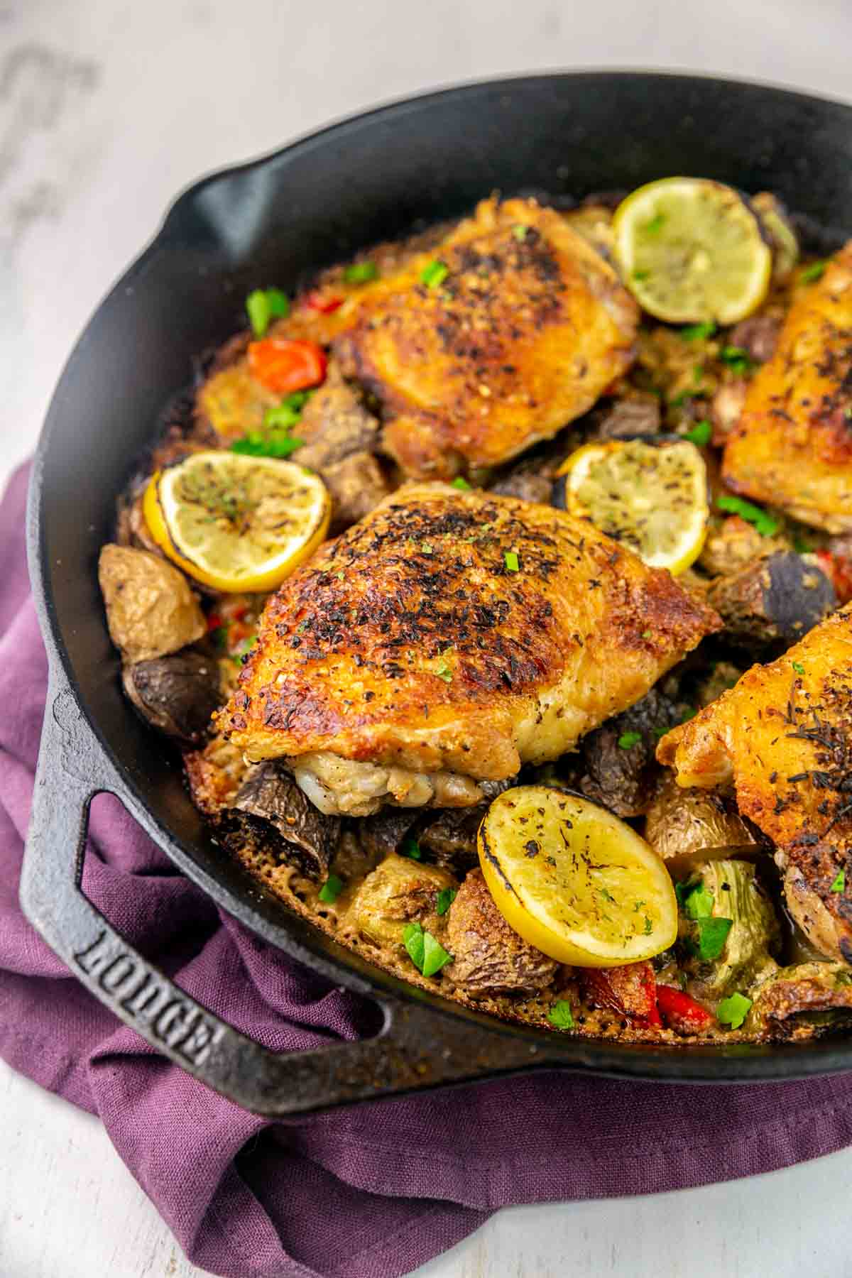 cast iron one pan tahini chicken with crispy, golden chicken seasoned with za'atar