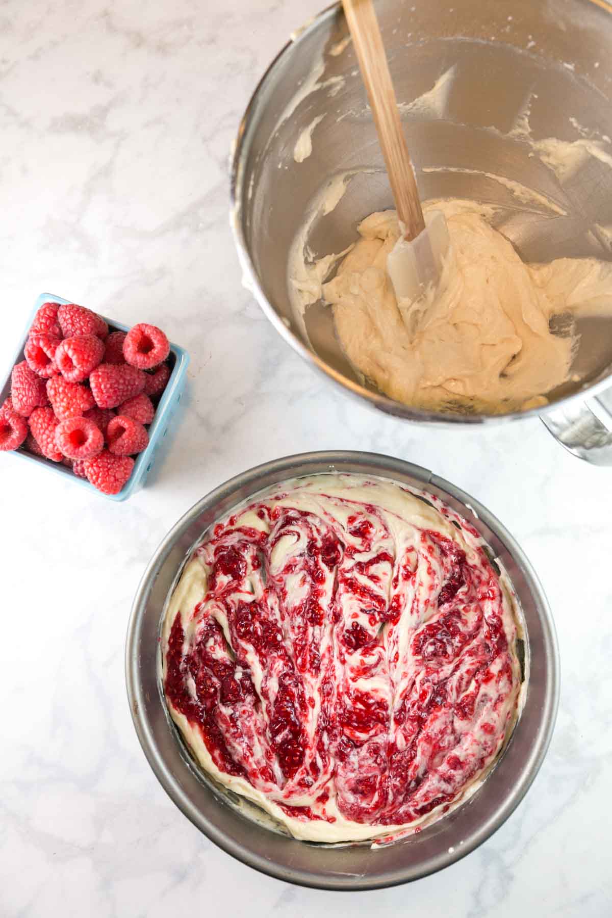 cake batter swirled with homemade raspberry jam