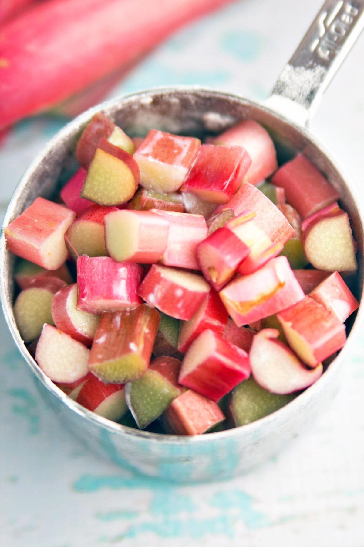 measuring cup filled with chopped rhubarb