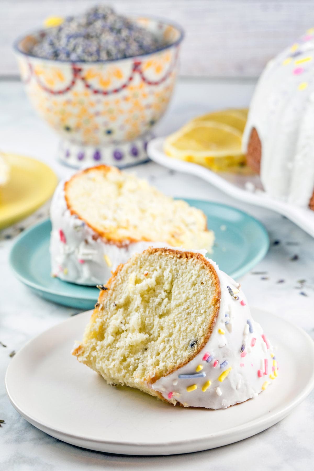 two slices of bundt cake highlighting the light, delicate crumb