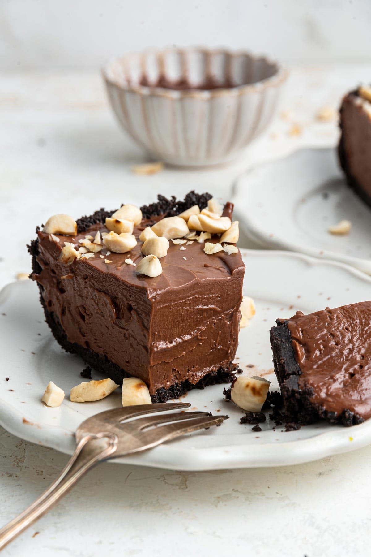 slice of nutella pie highlighting the thick, creamy texture