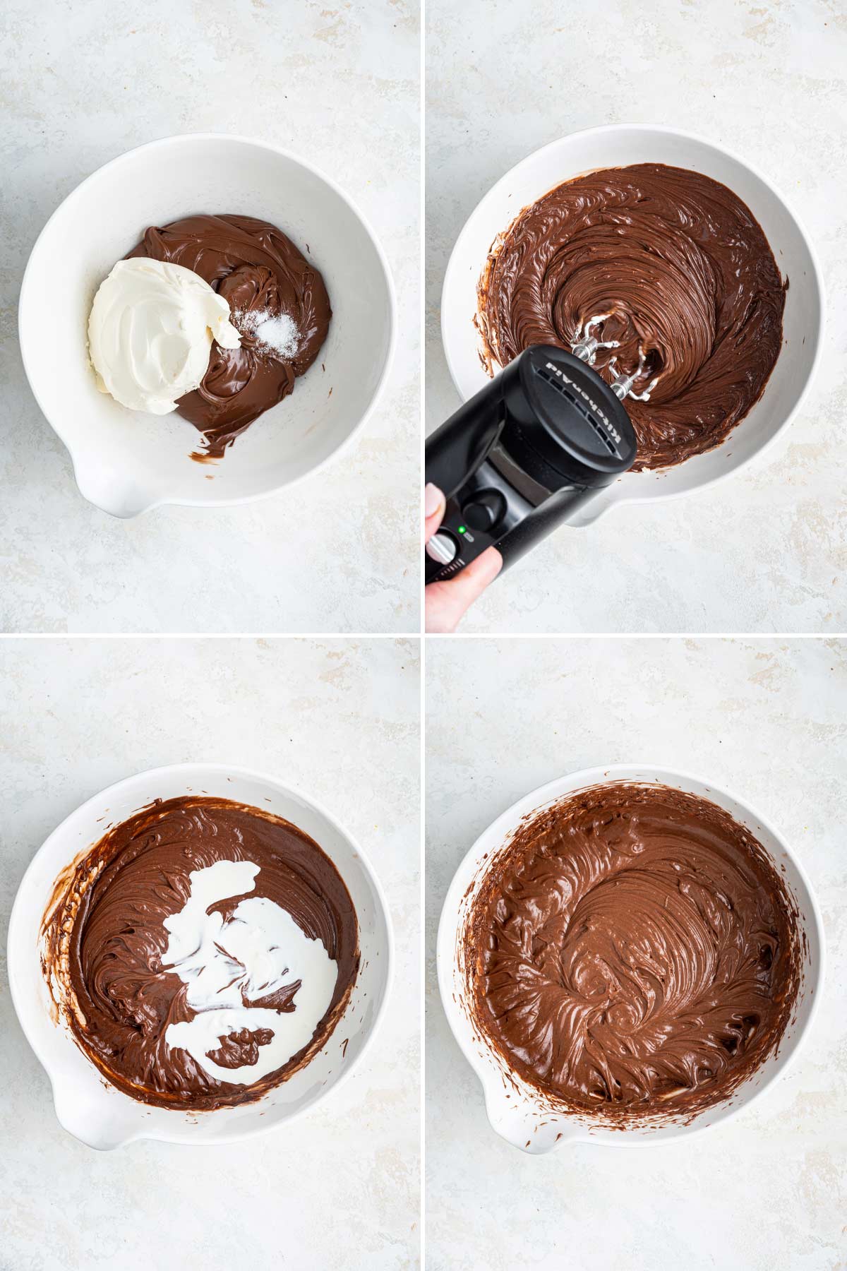step by step photos showing the texture of the nutella filling as each ingredient is added