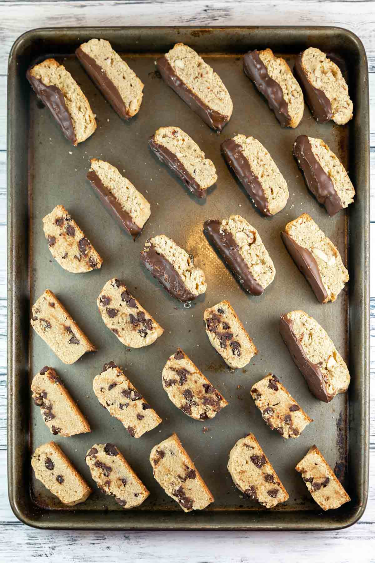 two flavors of passover friendly mandelbrot cookies arranged on a cookie sheet