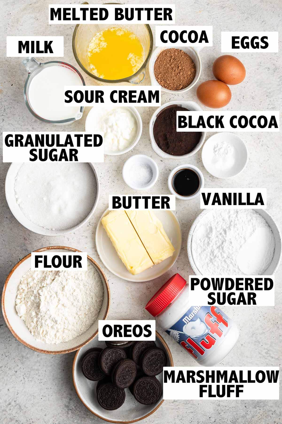 ingredients needed to make an oreo bundt cake with marshmallow frosting