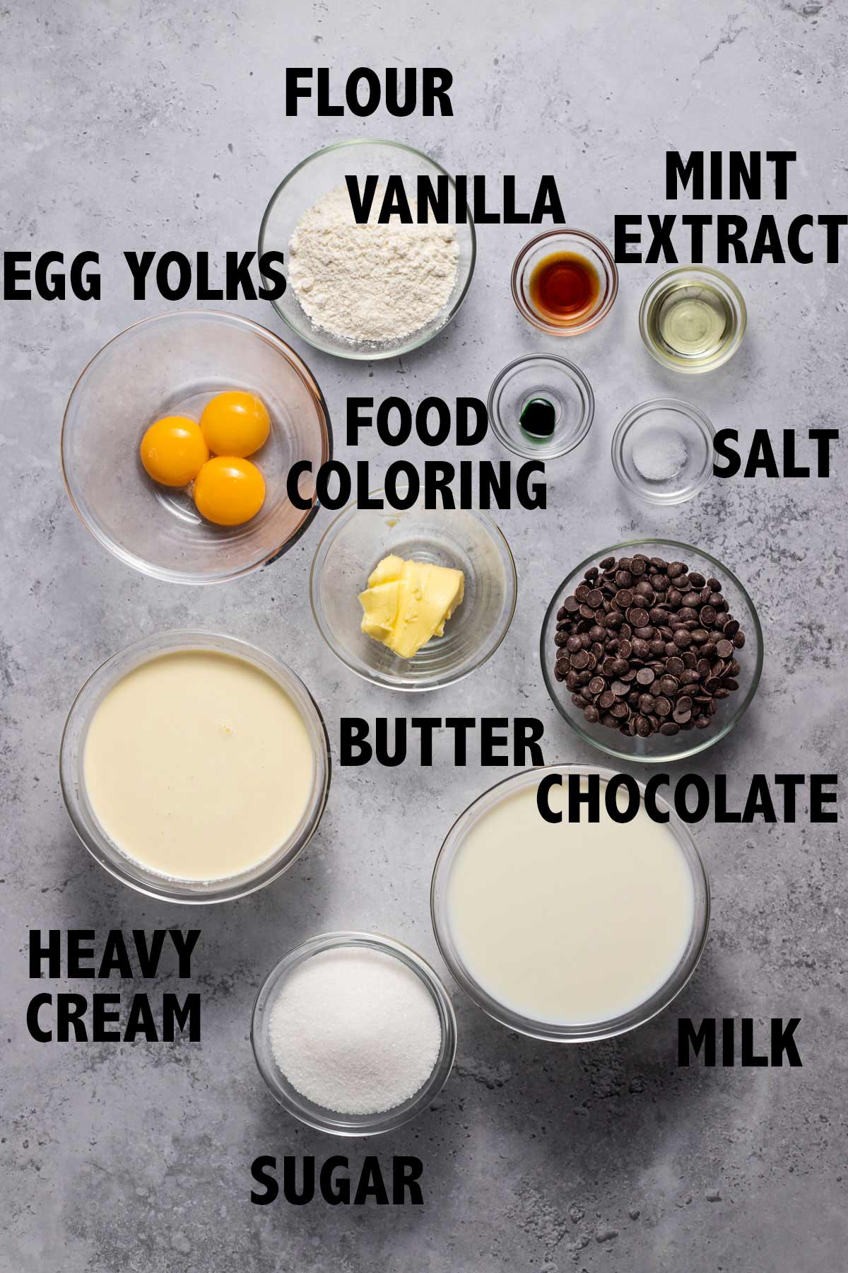 overhead view showing all the ingredients to make mint chocolate chip pie