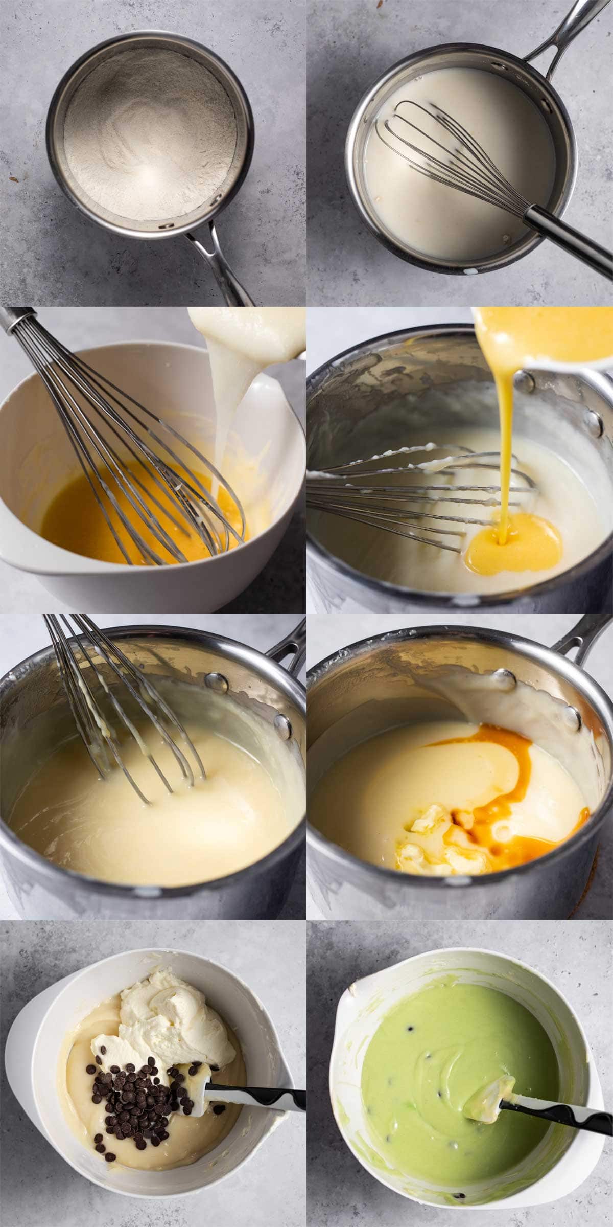 step by step photos showing how to temper eggs to make a custard