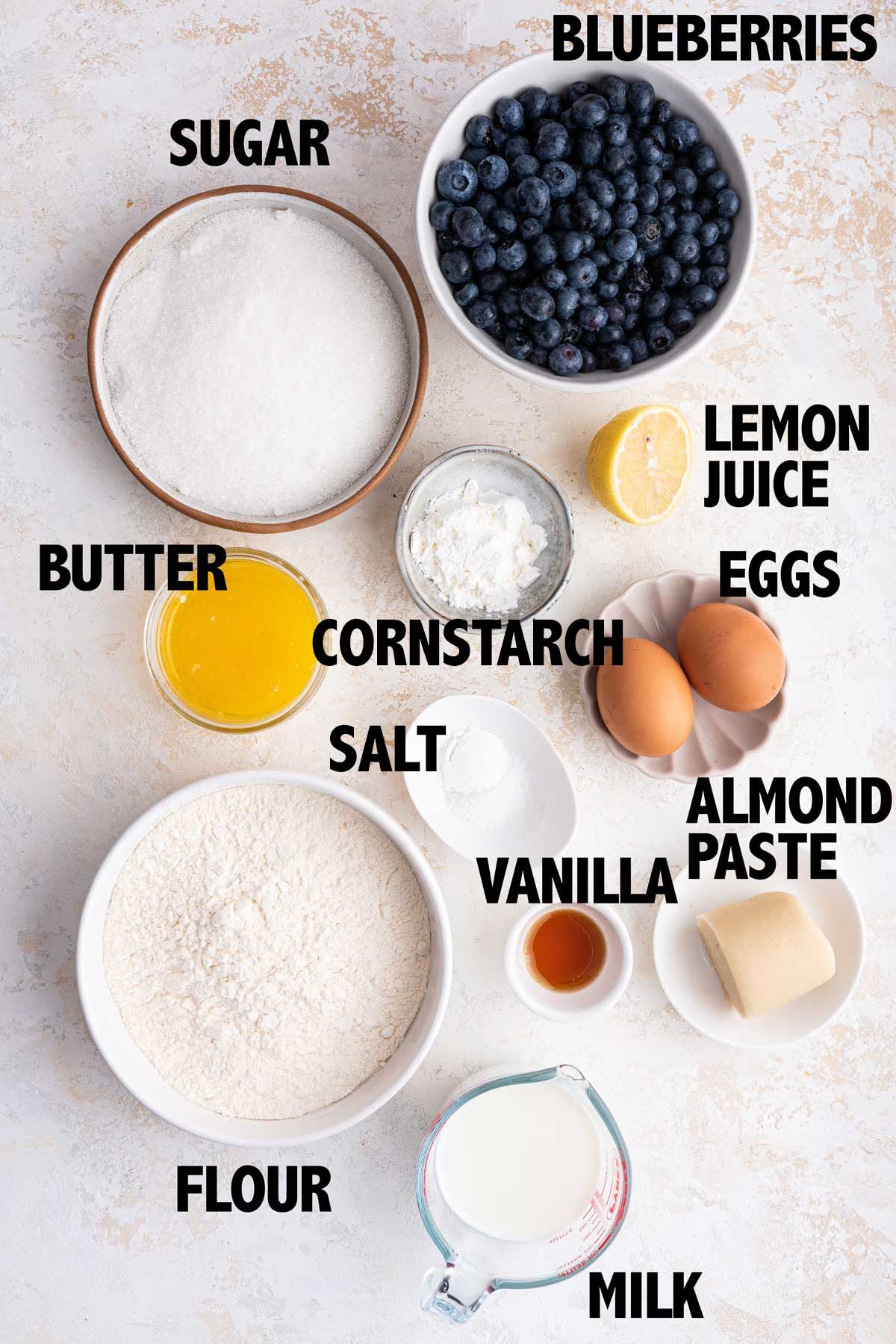 overhead view of the ingredients used to make blueberry bread