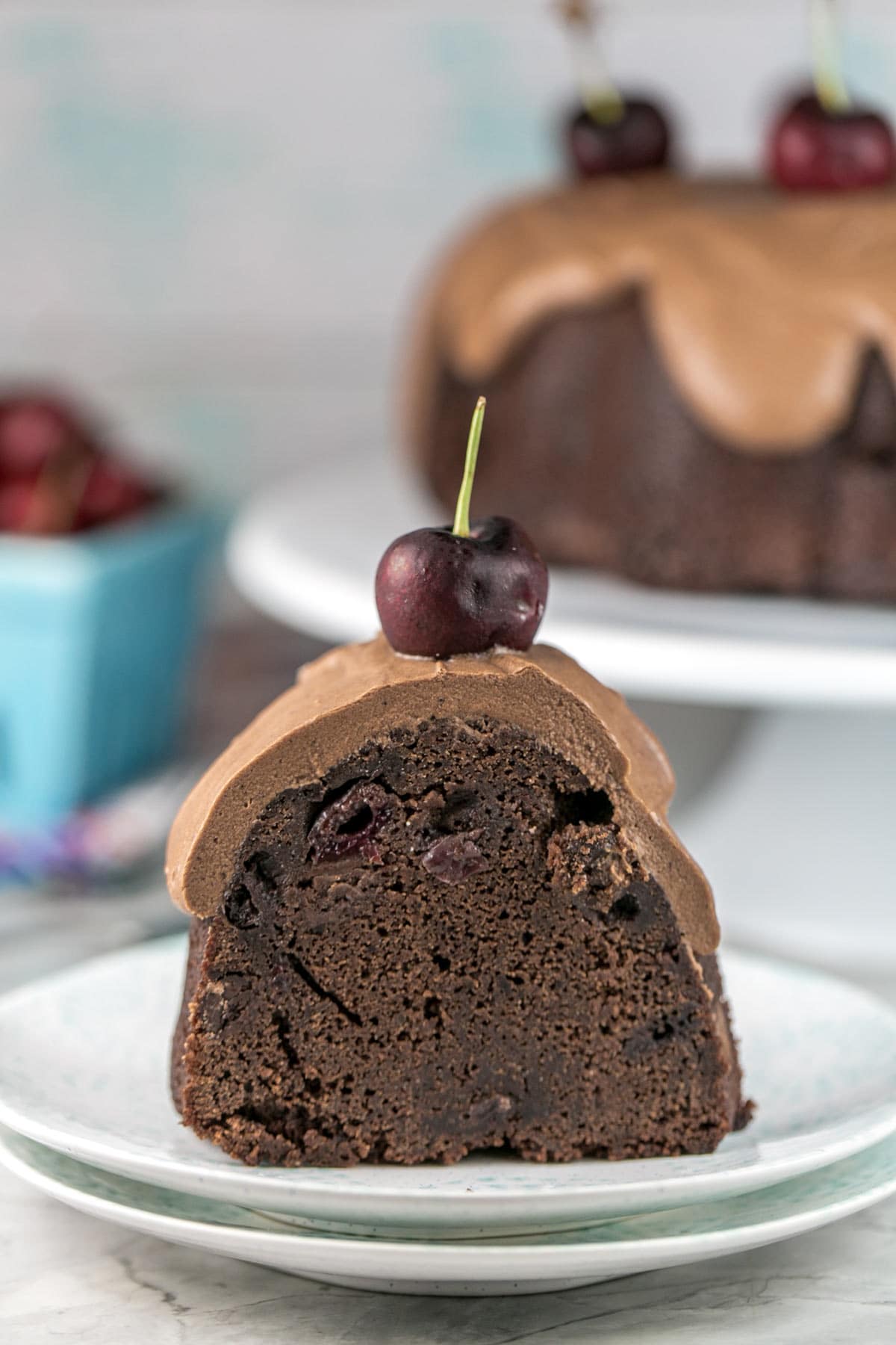 one slice of cake on stack of dessert plates showing the dark chocolate interior and thick layer of fudge frosting