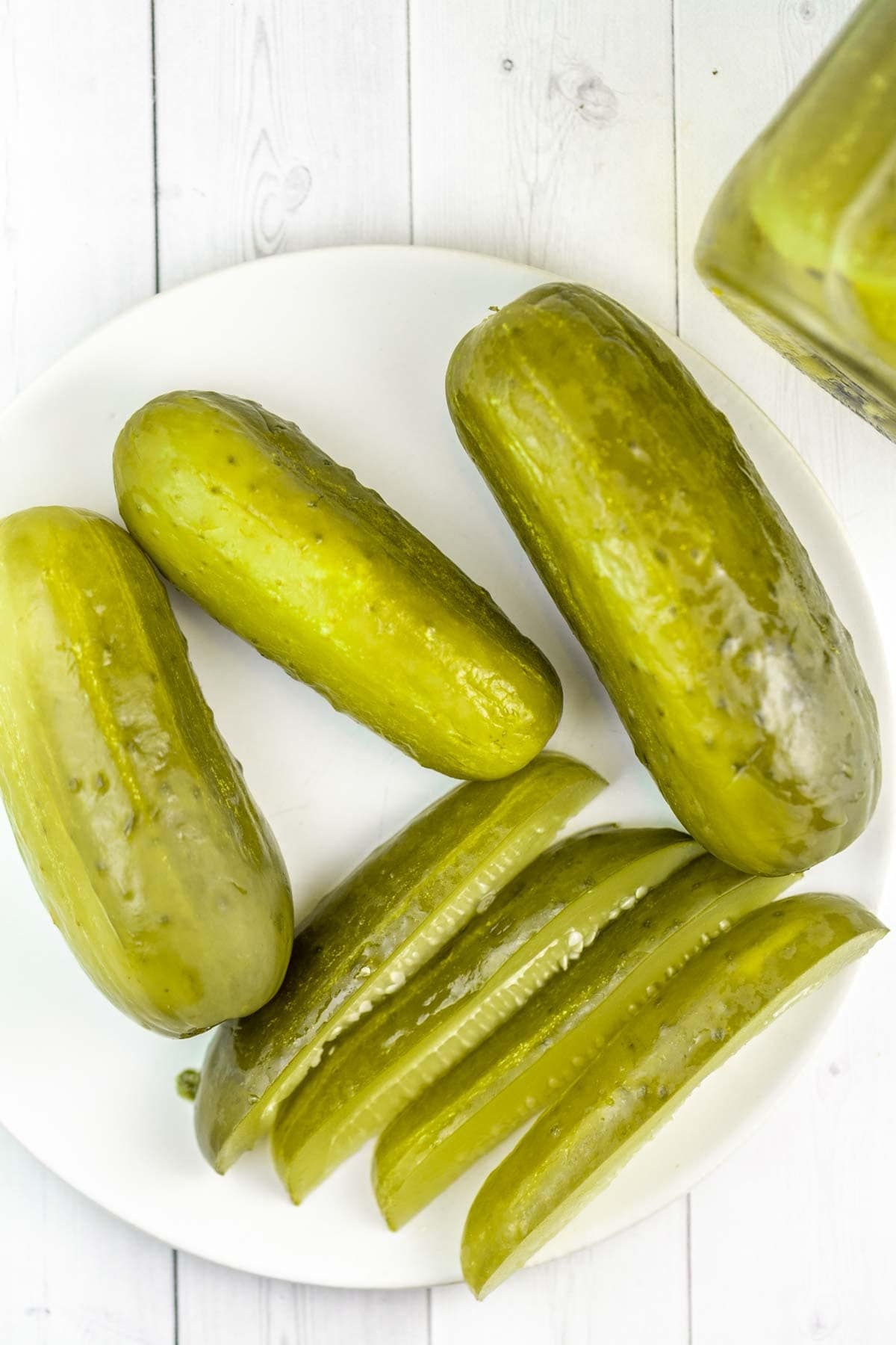 homemade refrigerator pickles on a white plate