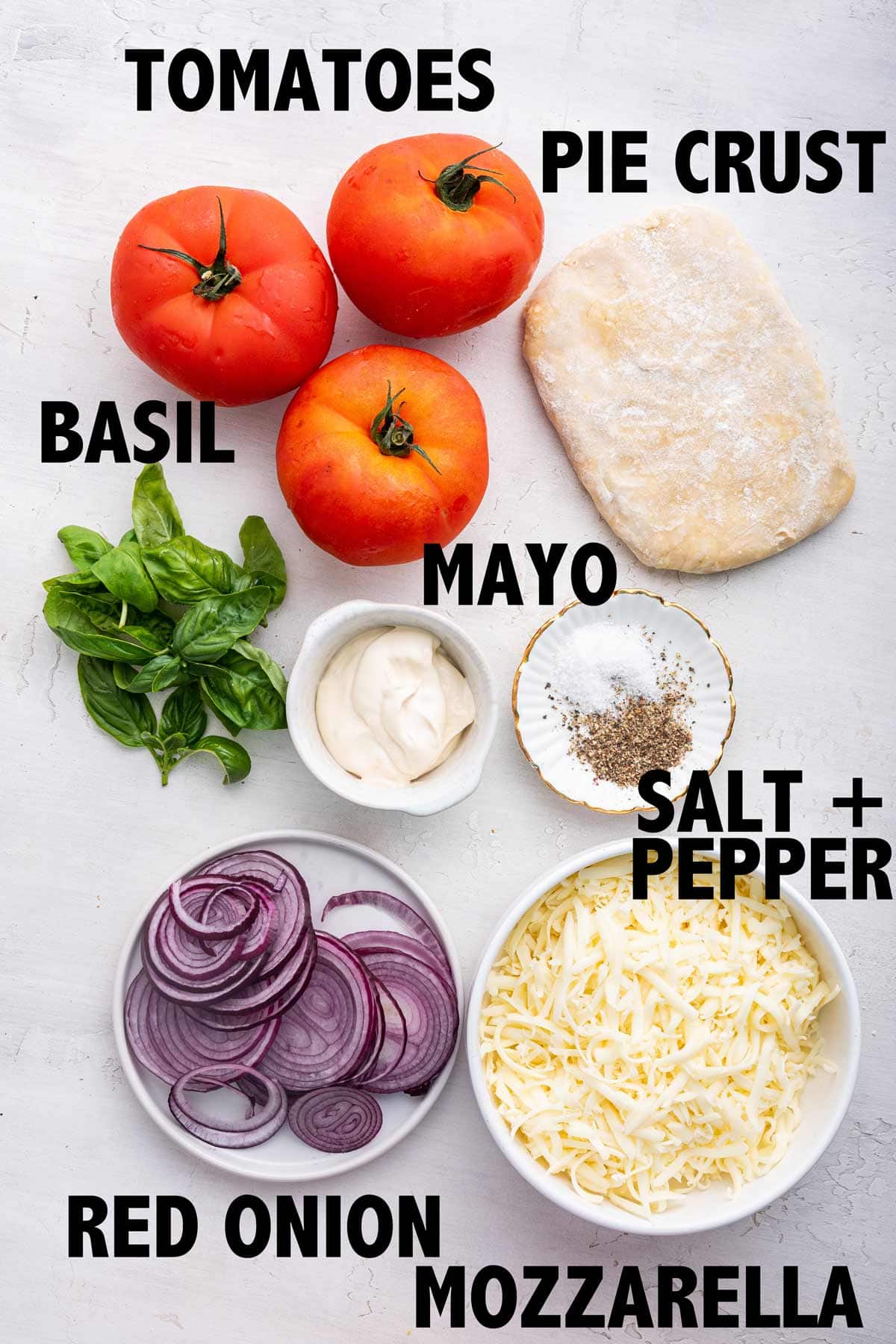 overlay of ingredients used to make a healthier tomato pie