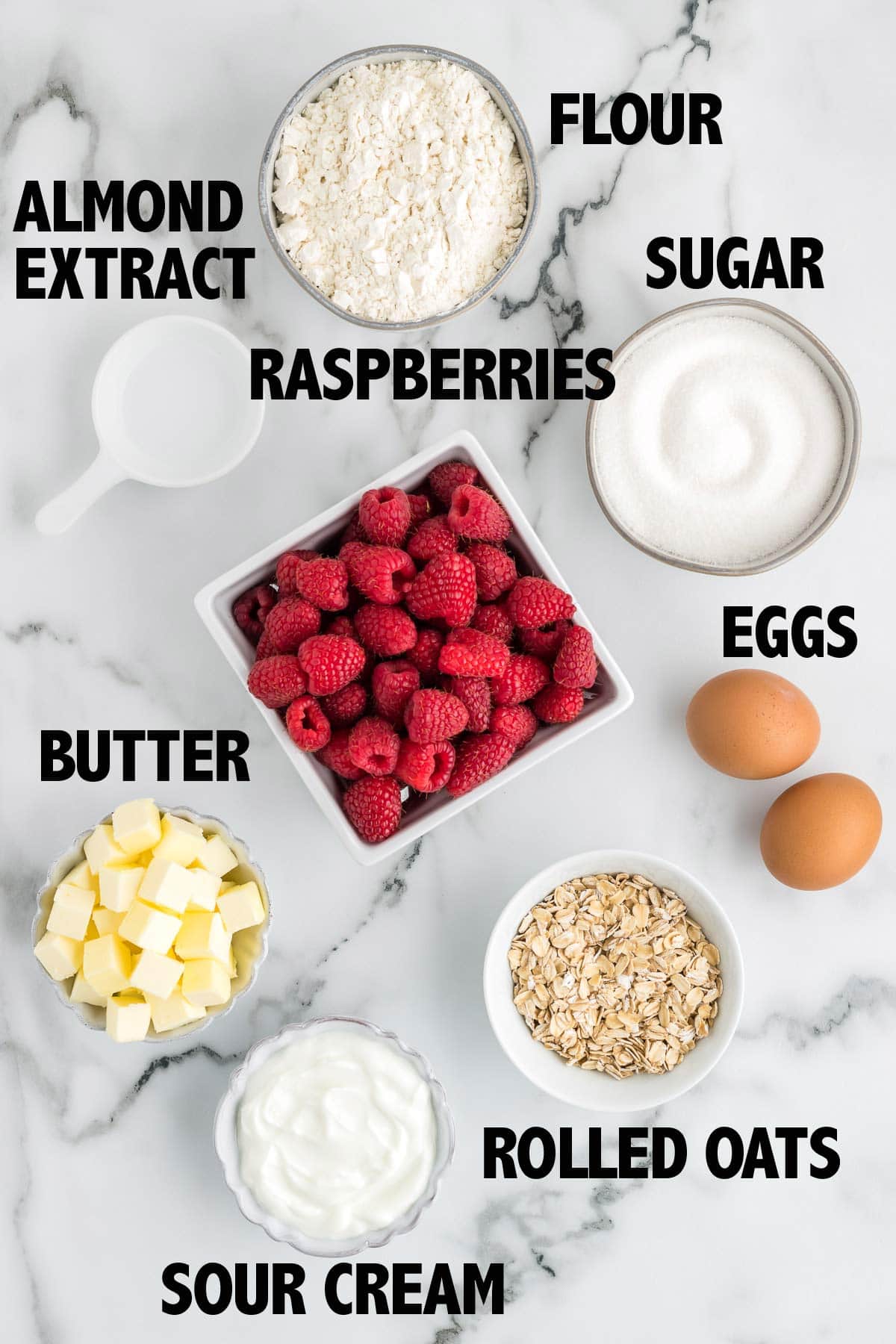 Ingredients needed for raspberry pie bars.