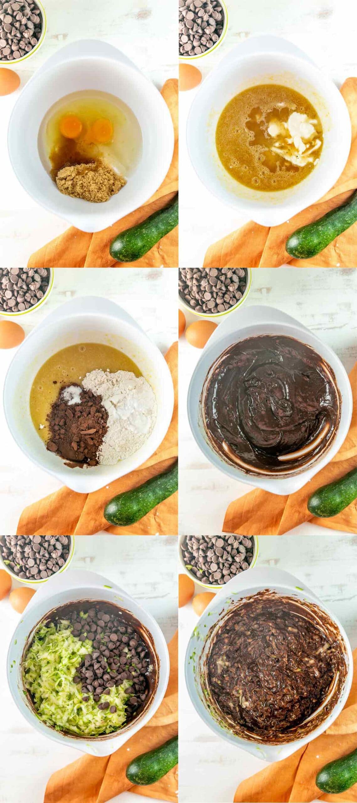 step by step photos showing how to make double chocolate zucchini muffins