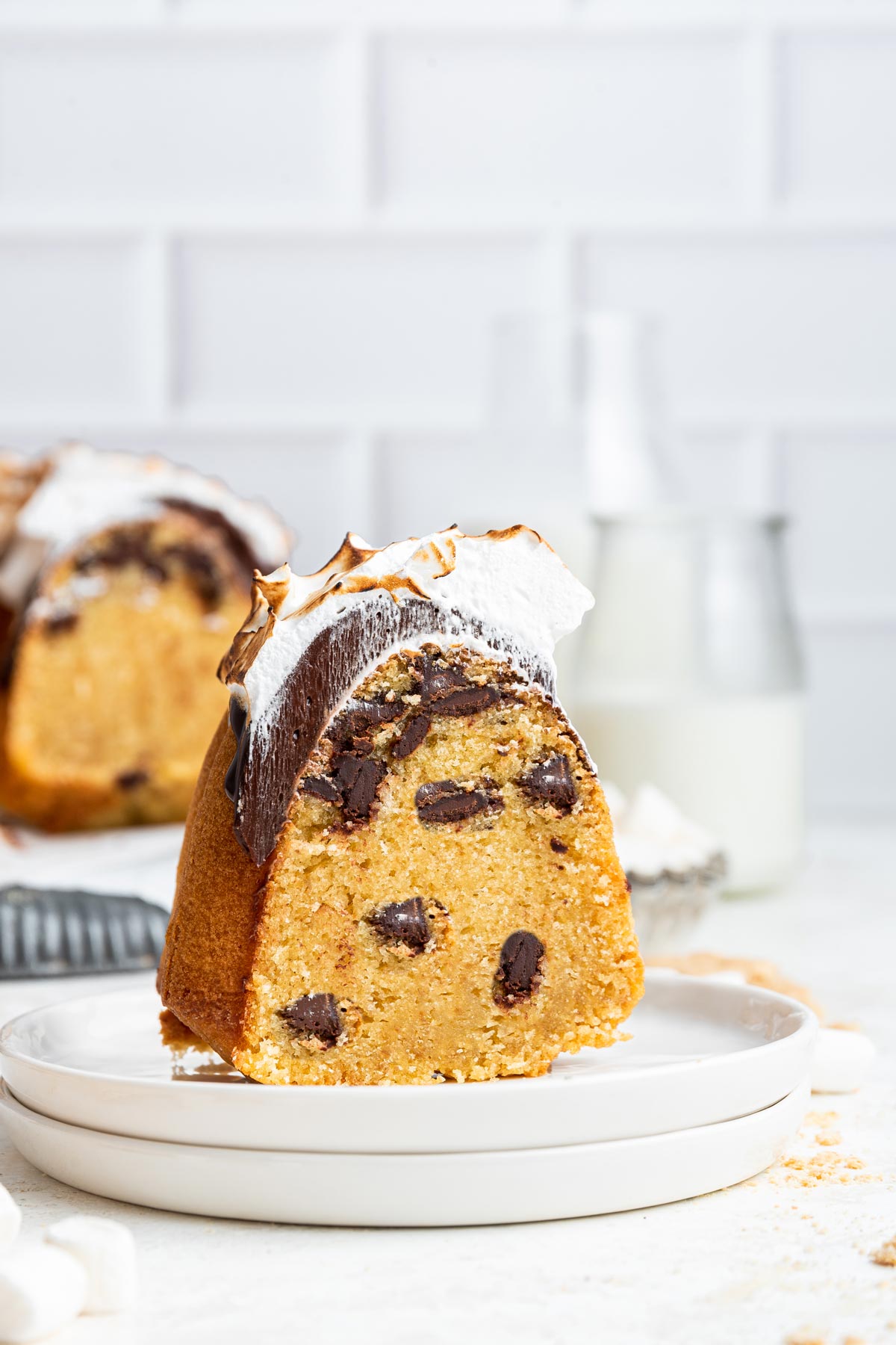 slice of a graham cracker bundt cake with chocolate chips