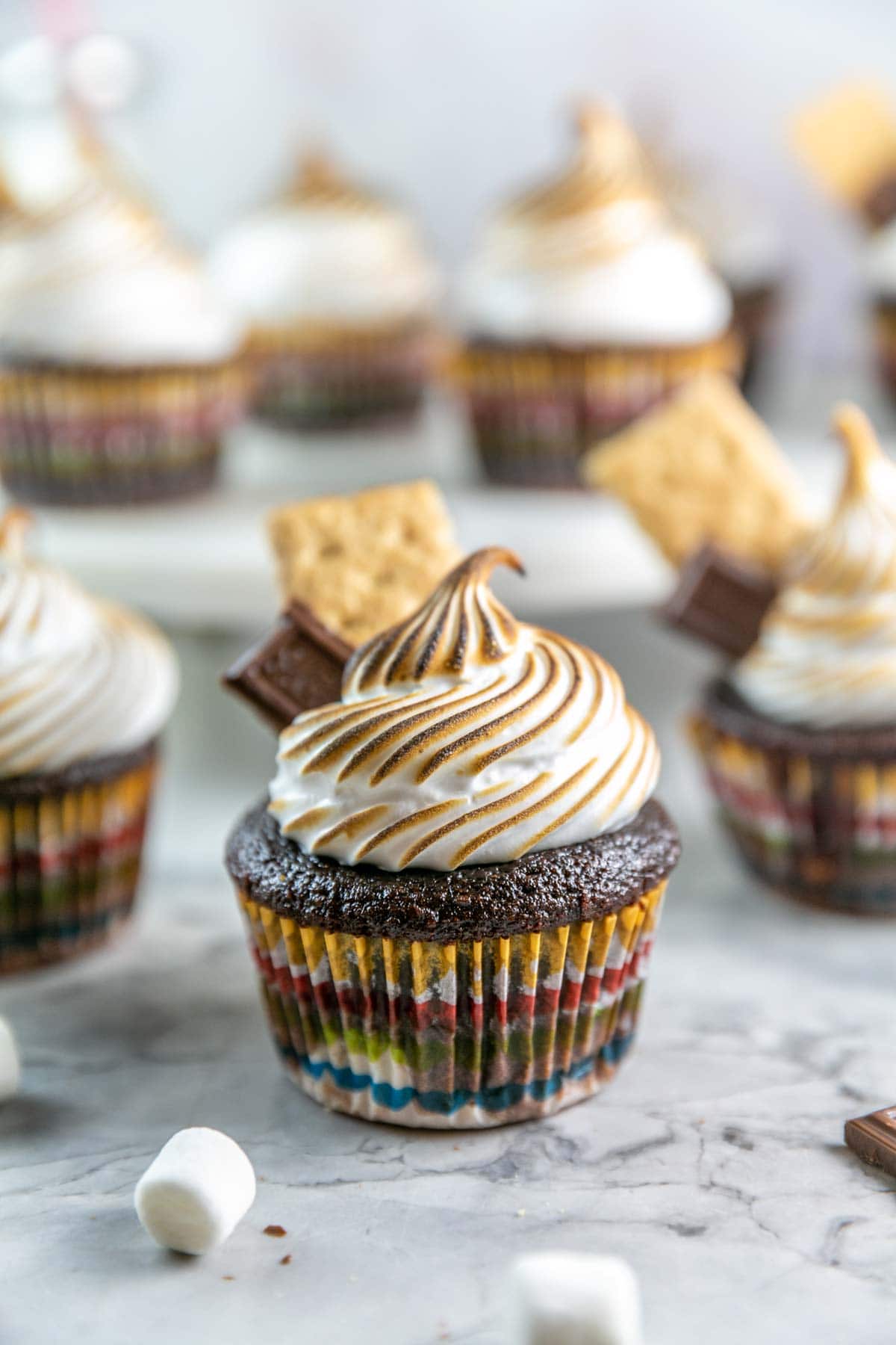 S'mores cupcake with more cupcakes in the background. 