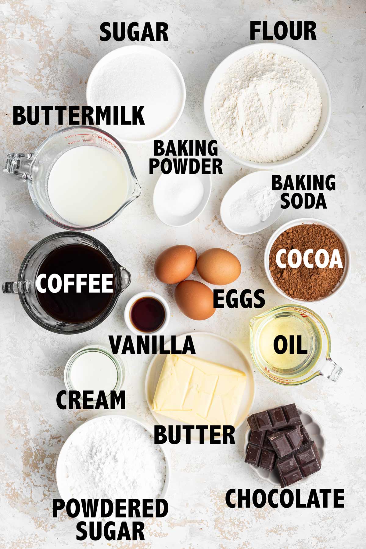 overhead view of all the ingredients needed to make the best chocolate cake.