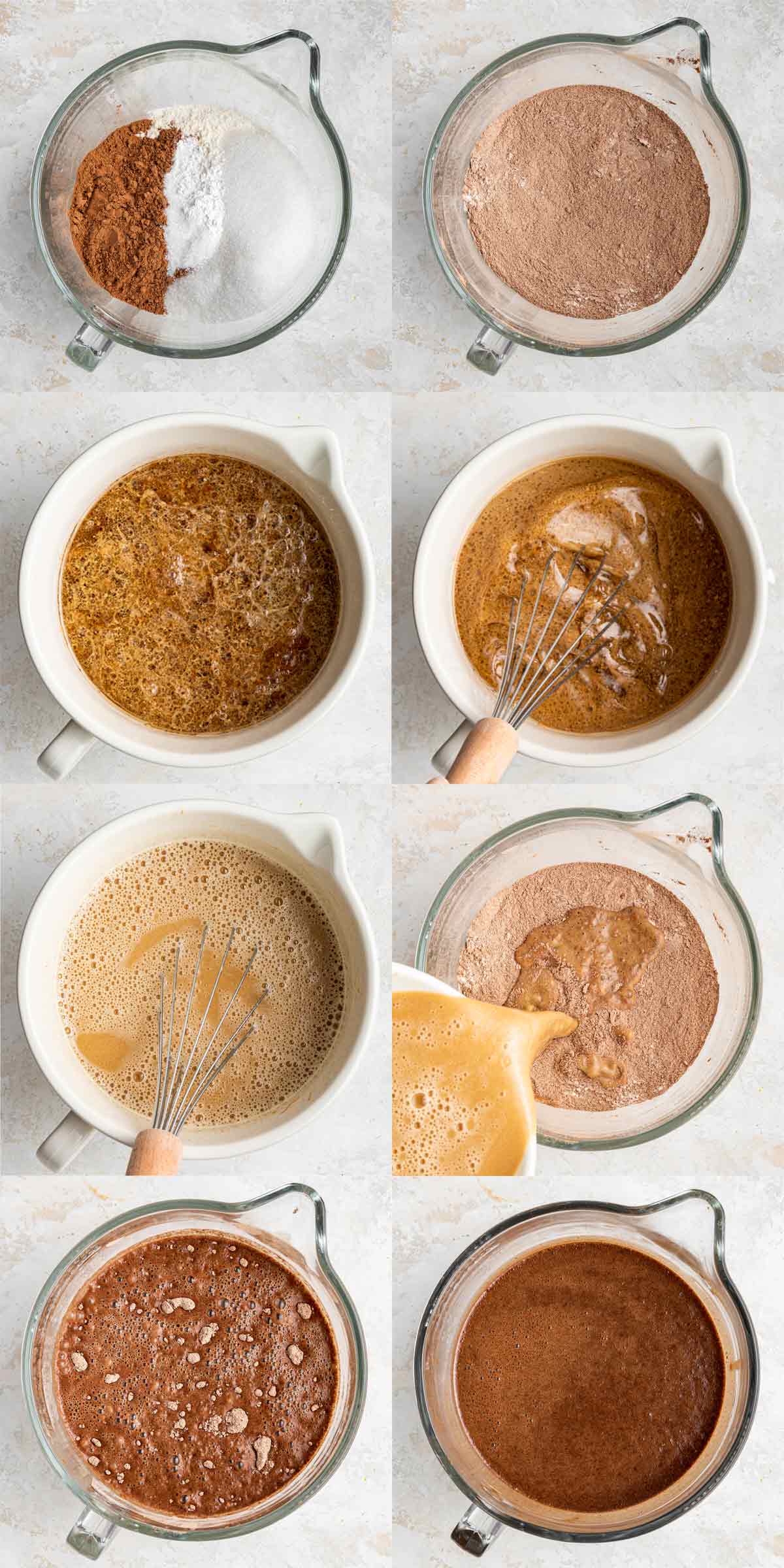 step by step photos showing how to make chocolate cake batter