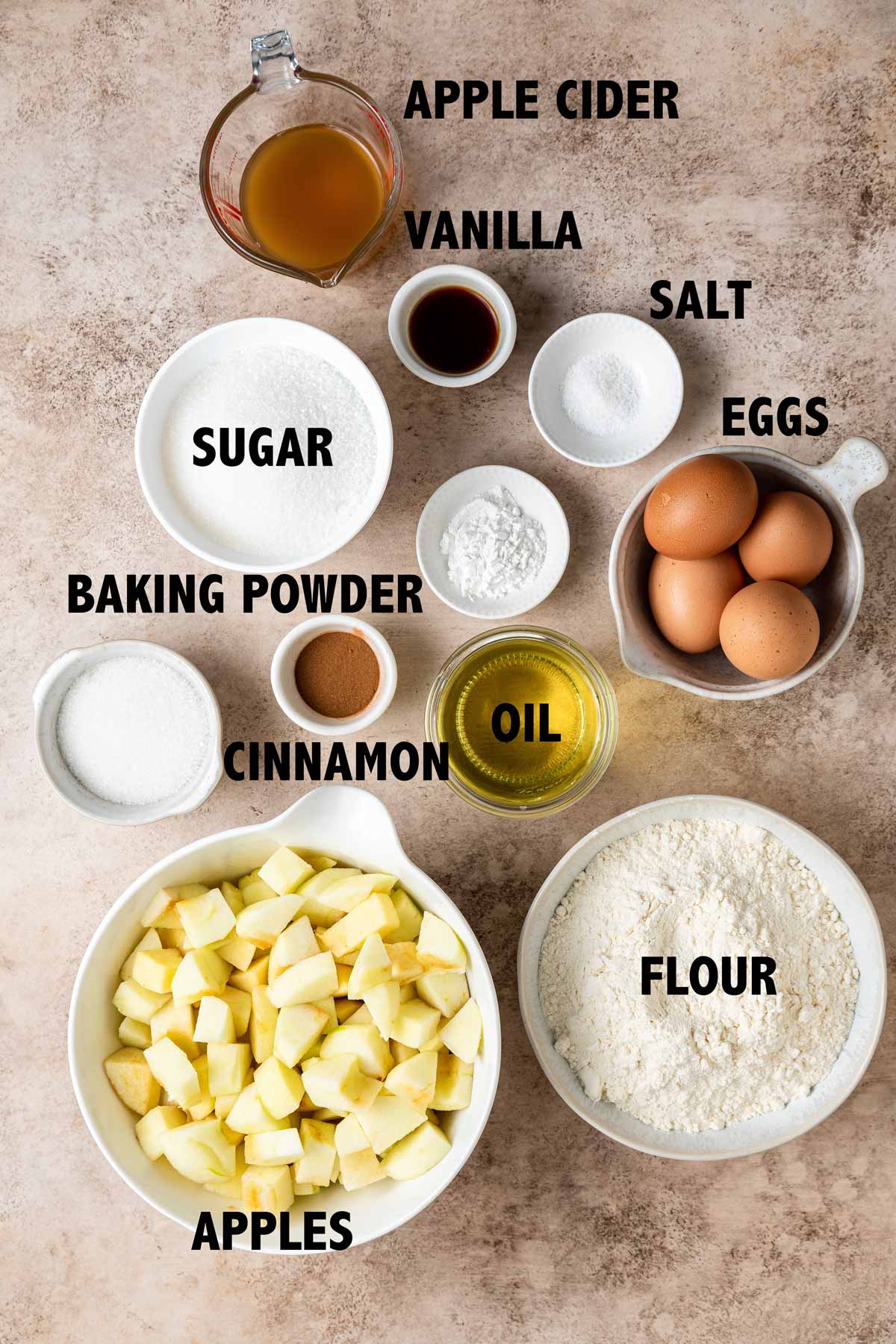 overhead view of the ingredients used to make a jewish apple cake