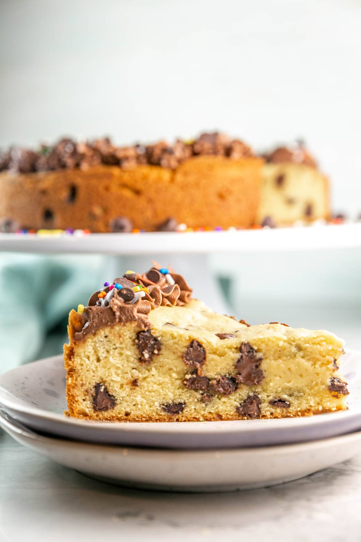 side view of a slice of cookie cake showing the soft and chewy interior.