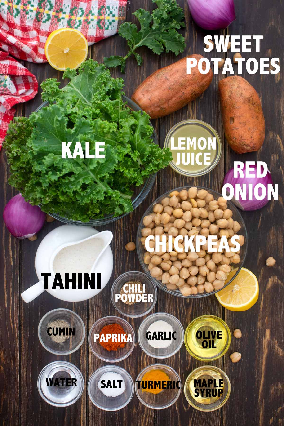 overhead view of all the ingredients necessary to make sweet potato chickpea kale bowls.