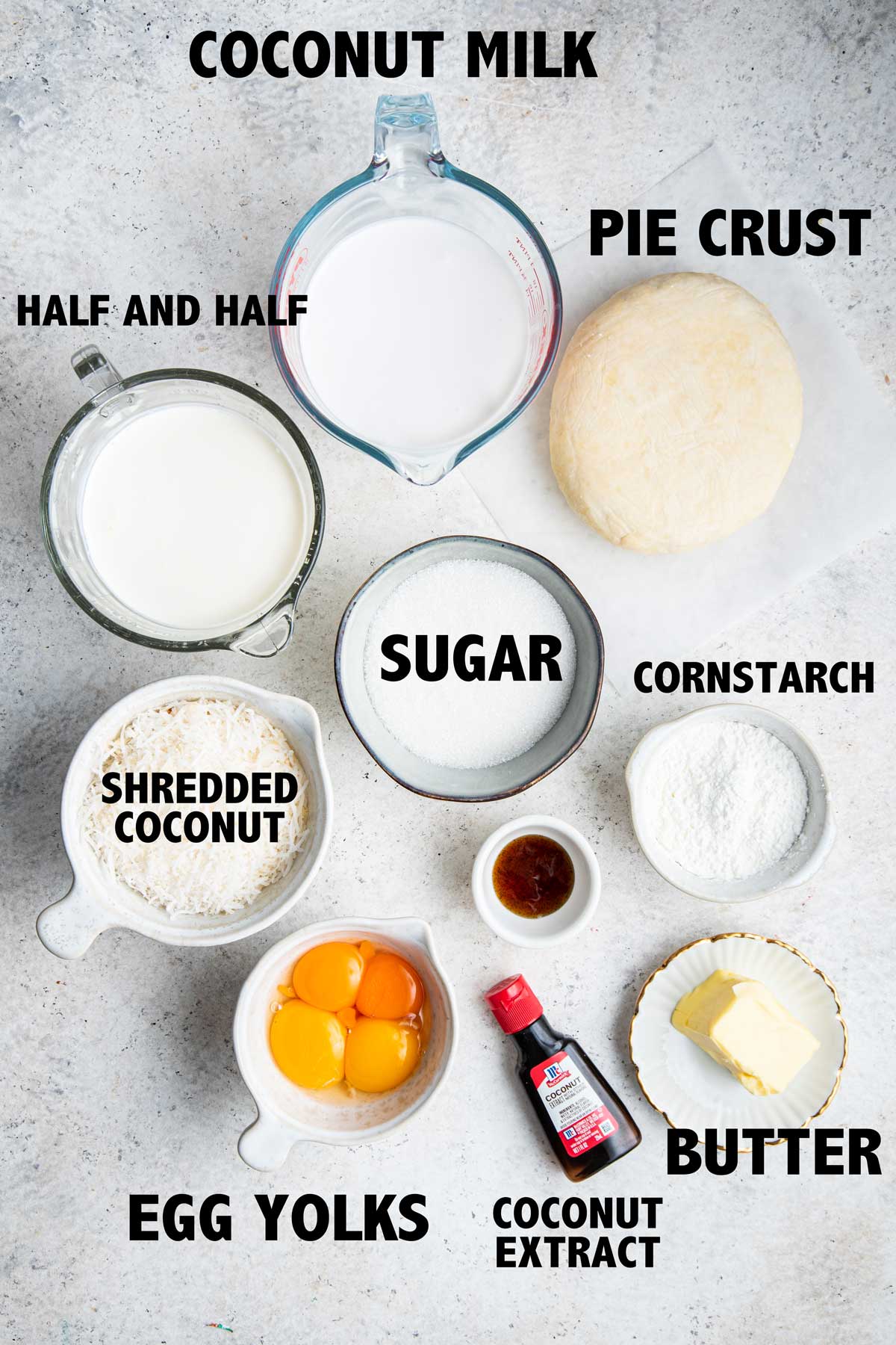 overhead view of all the ingredients needed to make a coconut cream pie.