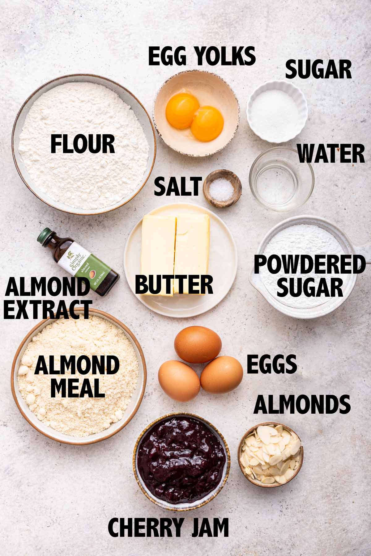 overhead view of all the ingredients used to make a bakewell tart.