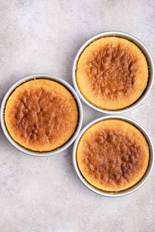 three freshly baked layers of cranberry orange cake still in the cake pans.