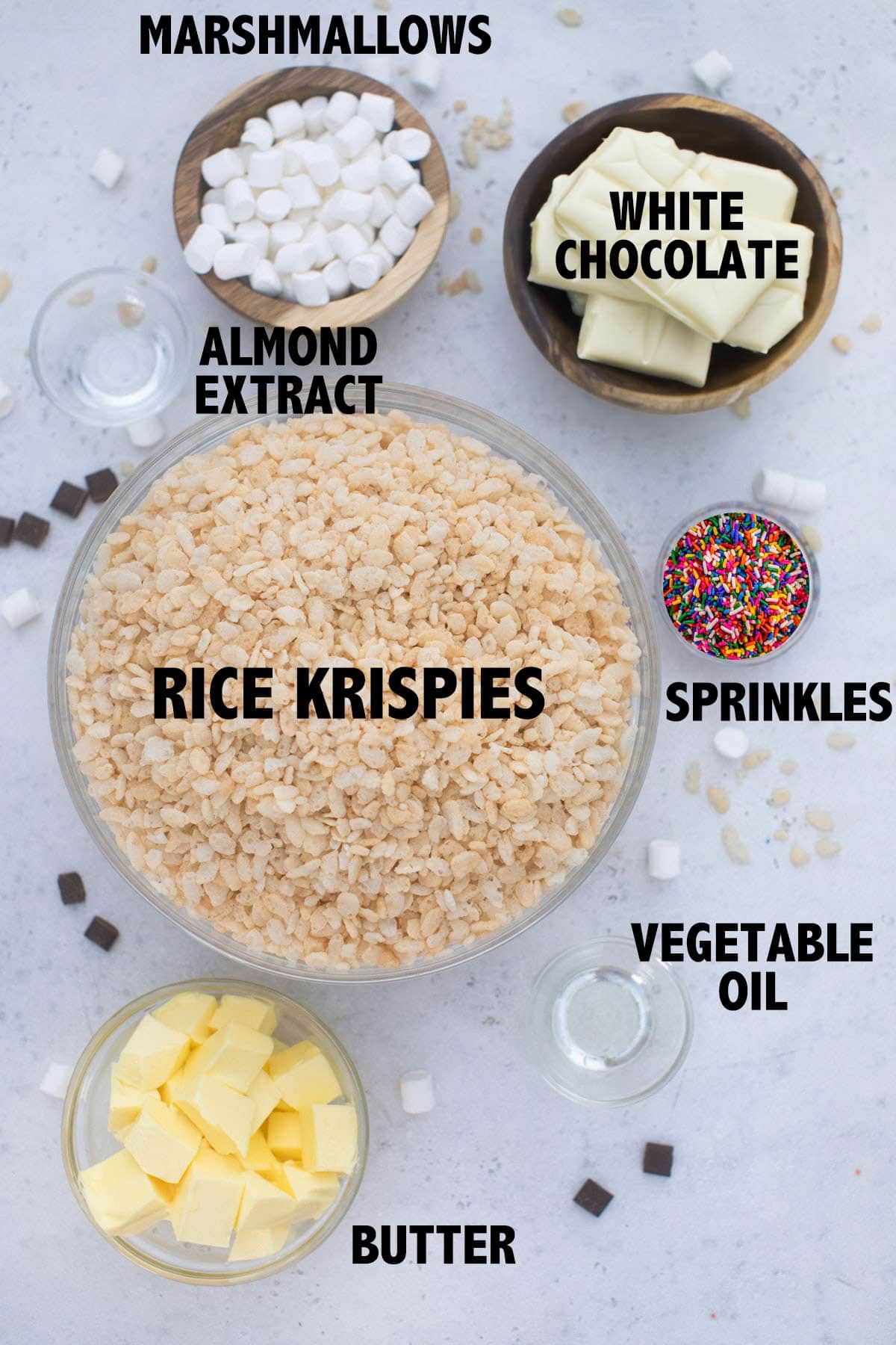 overhead photo of all the ingredients needed to make sprinkle rice krispie treats.
