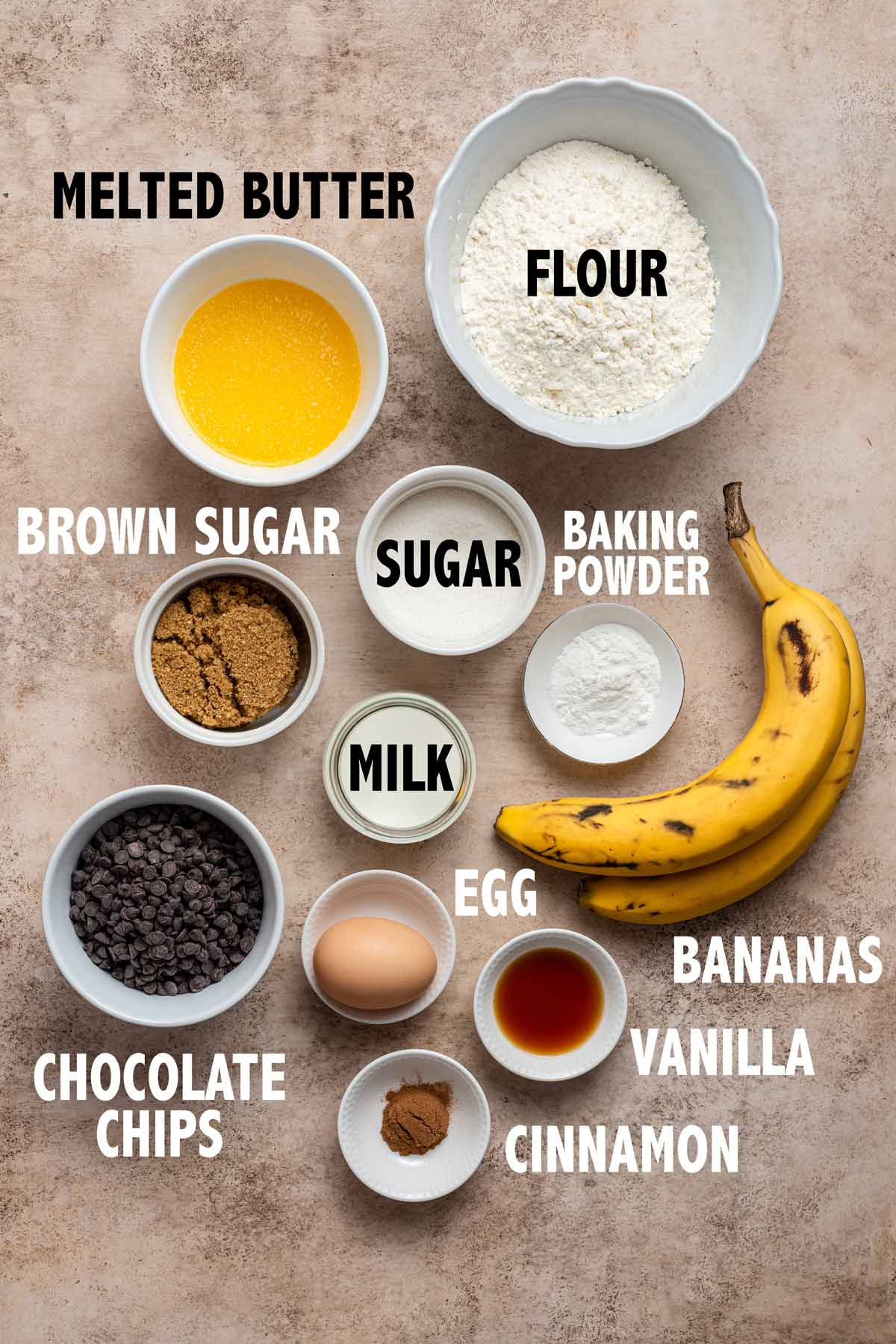 overhead view of ingredients used to make banana bread muffins