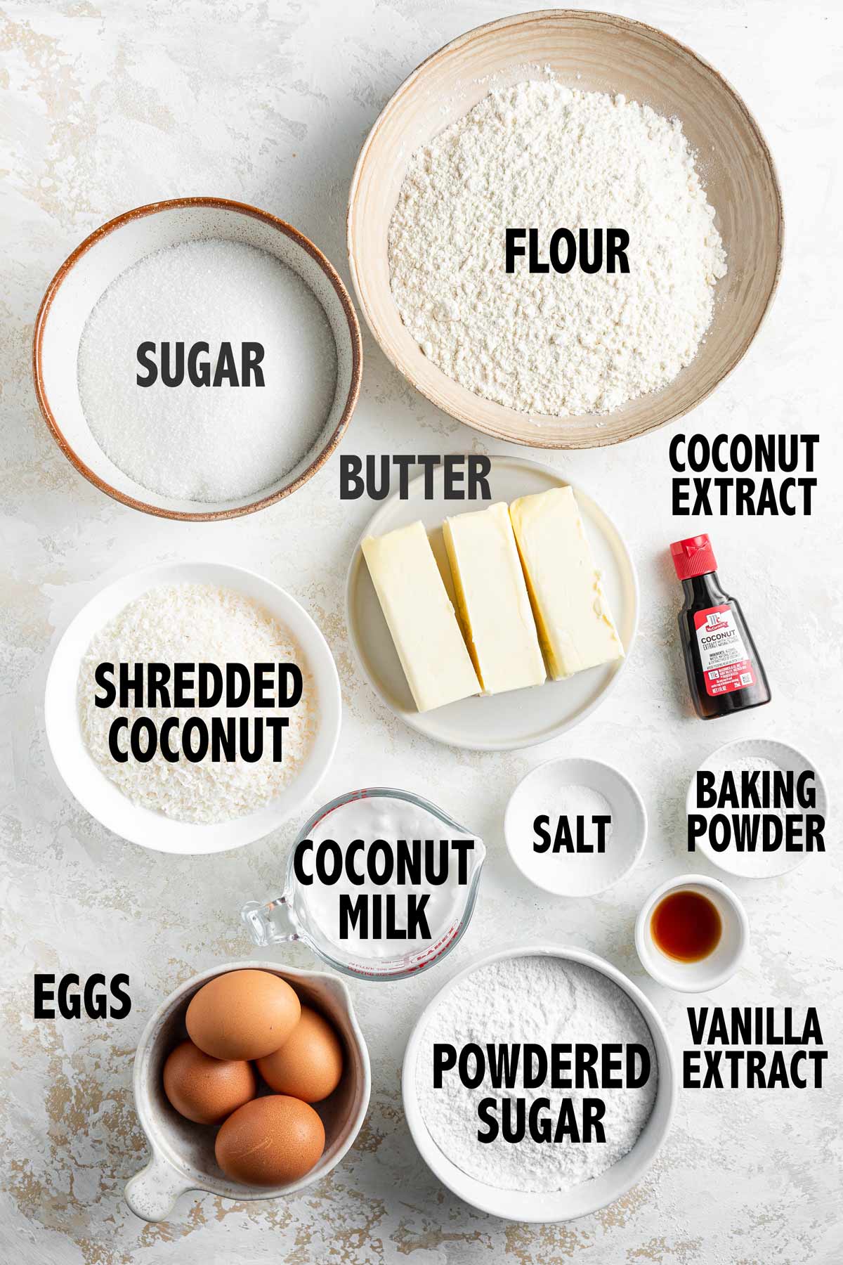 overhead photo of all the ingredients needed to make coconut bundt cake.