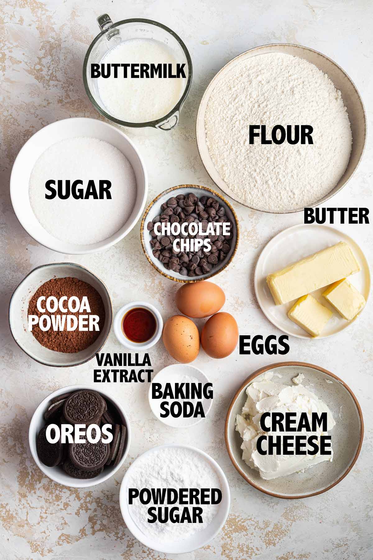 overhead view of the ingredients used to make an oreo layer cake.