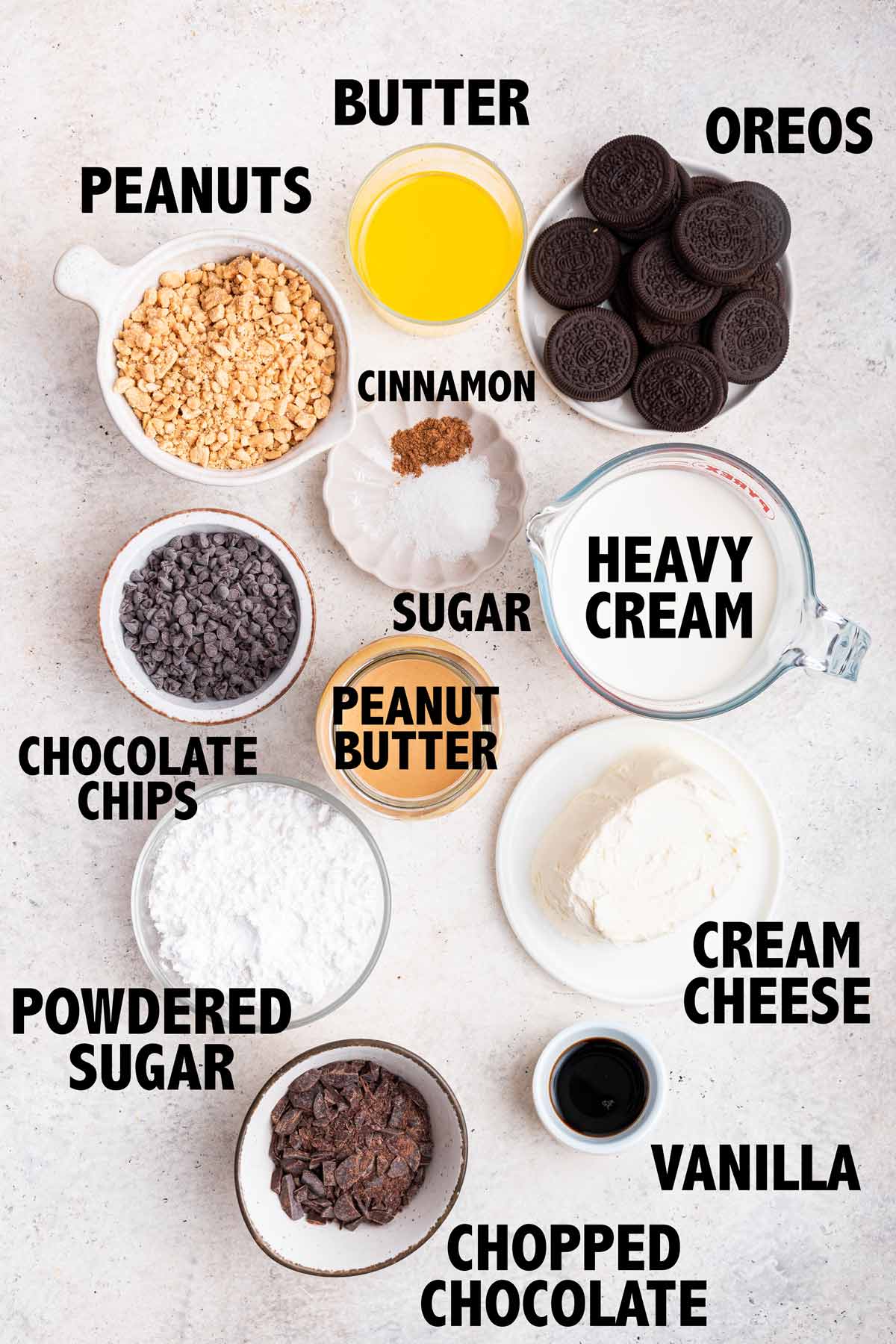 overhead view of all the ingredients needed to make a no bake peanut butter cheesecake.