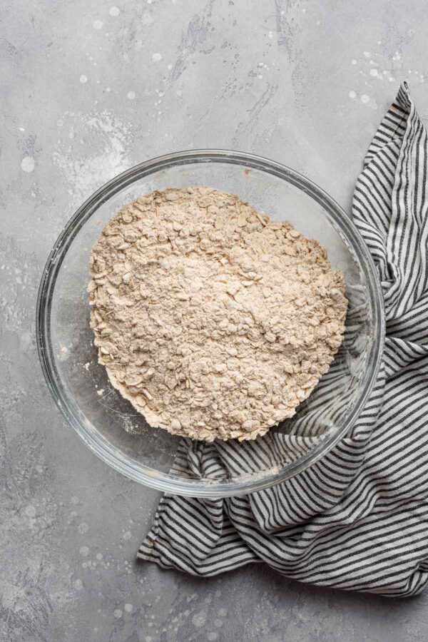 dry ingredients mixed together in a glass mixing bowl.
