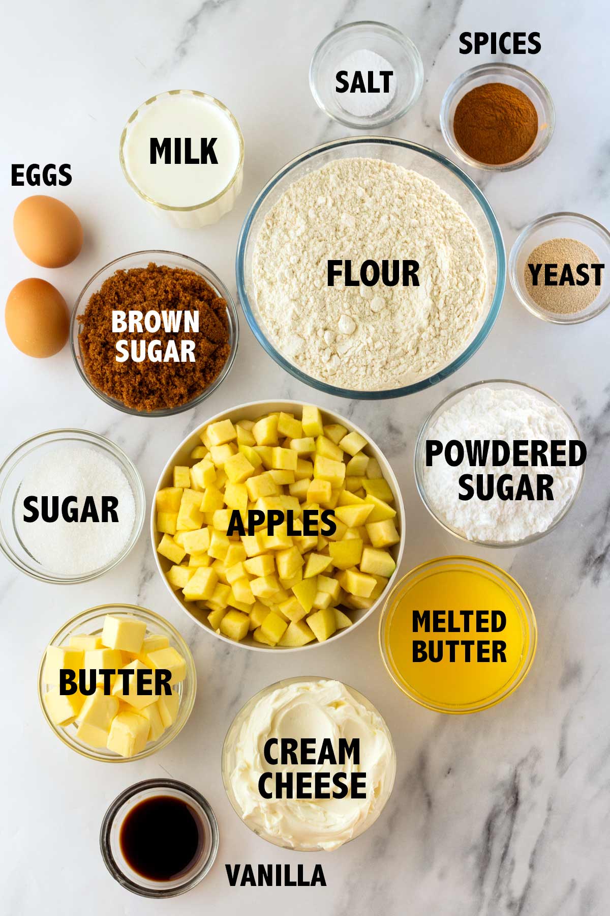 overhead view of the ingredients used to make apple pie cinnamon rolls.