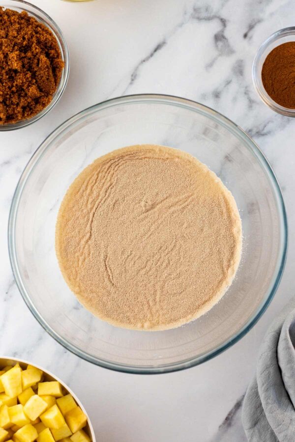 warm milk with active dry yeast sprinkled on the top.
