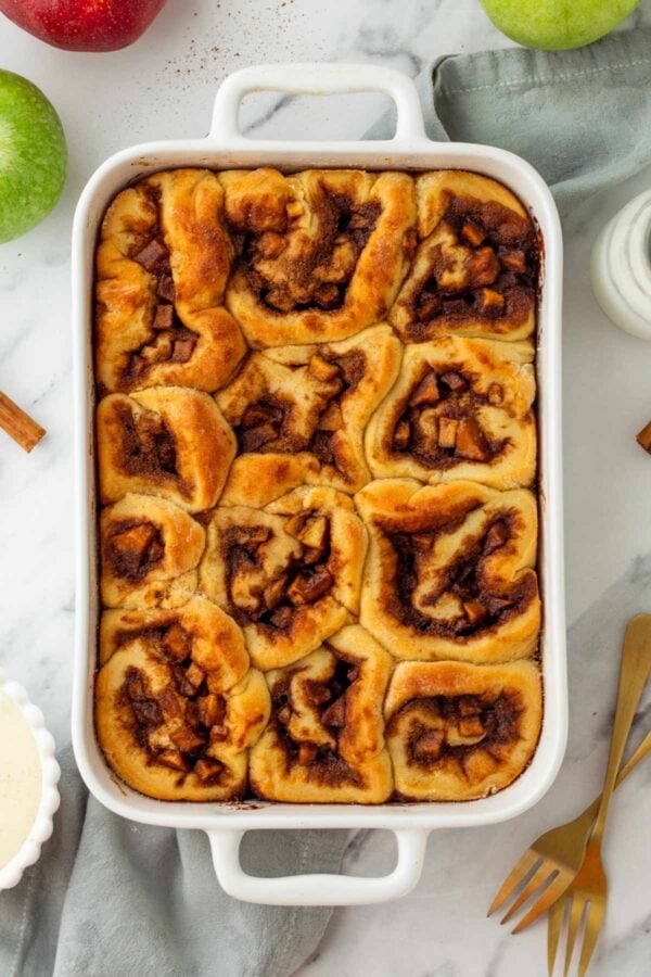 freshly baked golden brown cinnamon rolls.