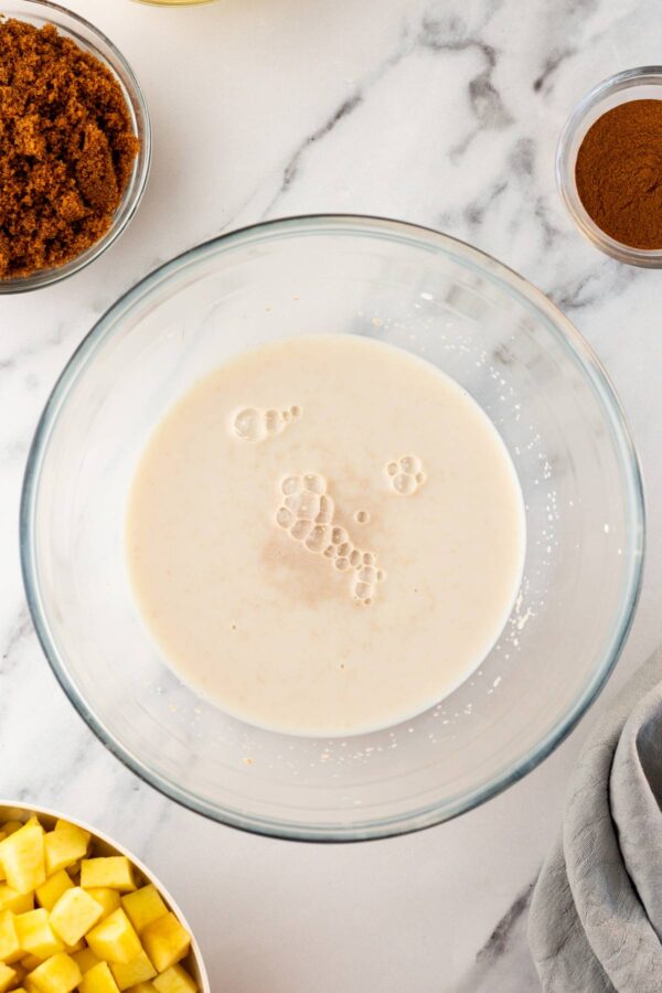 proofed yeast looking frothy with bubbles on the surface.