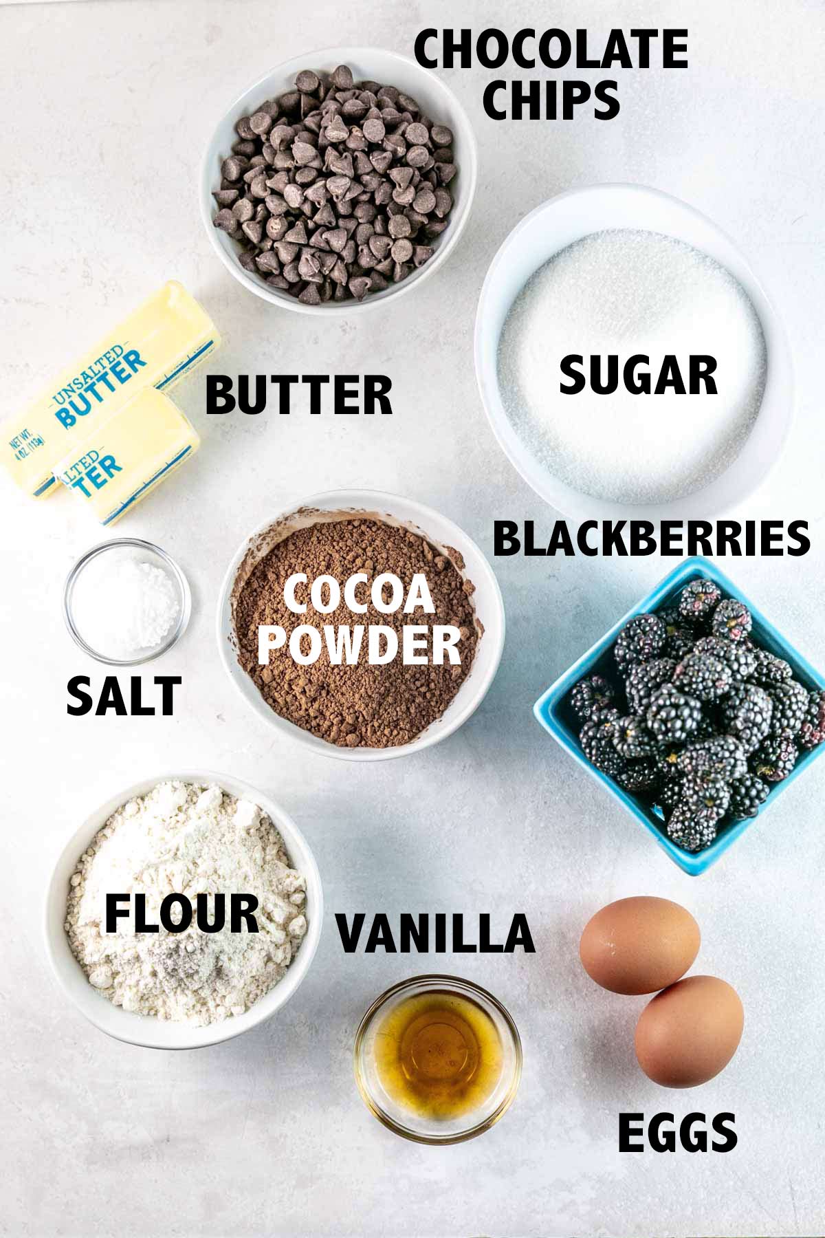 overhead view of ingredients needed to make blackberry brownies.