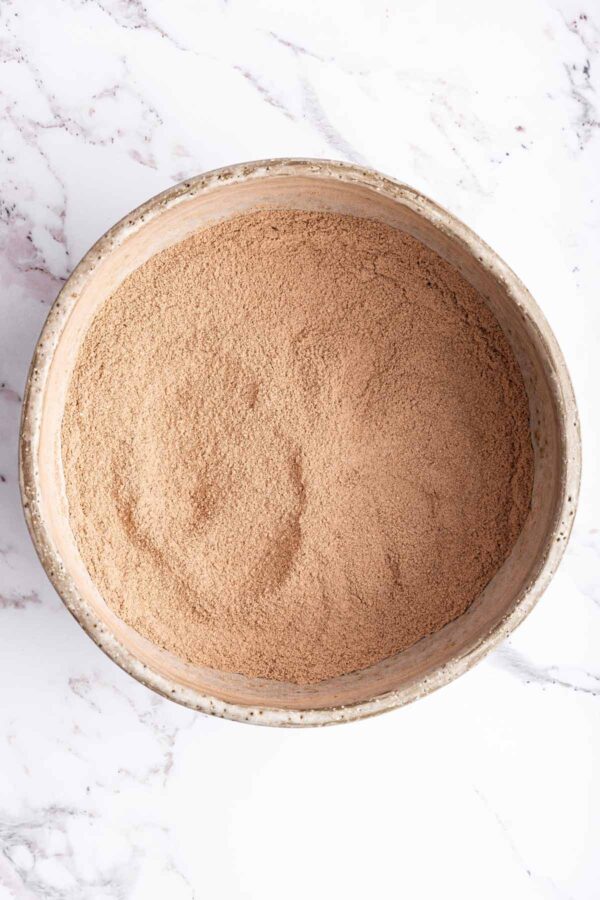 sugar, cocoa powder, and flour whisked together.