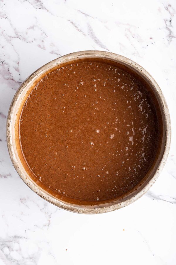 chocolate cake batter in a mixing bowl.