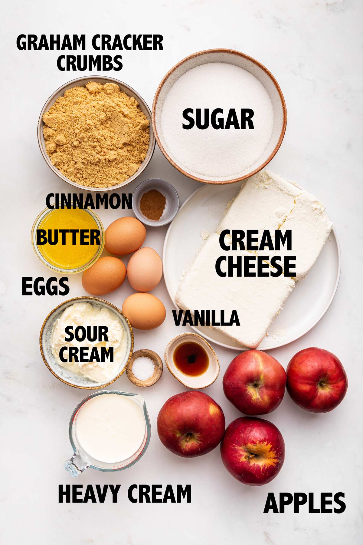 overhead view of ingredients used to make a caramel apple cheesecake.