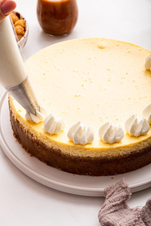 piping dollops of whipped cream around the edge of a cheesecake.