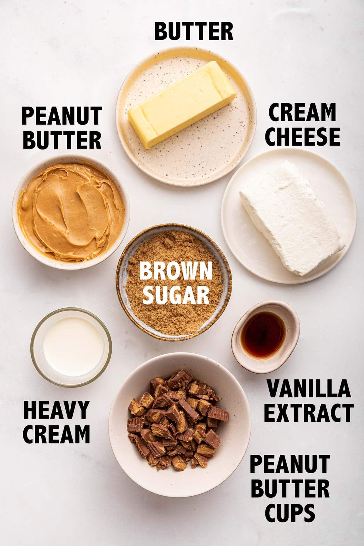 overhead view of the ingredients used to make peanut butter cheesecake dip.