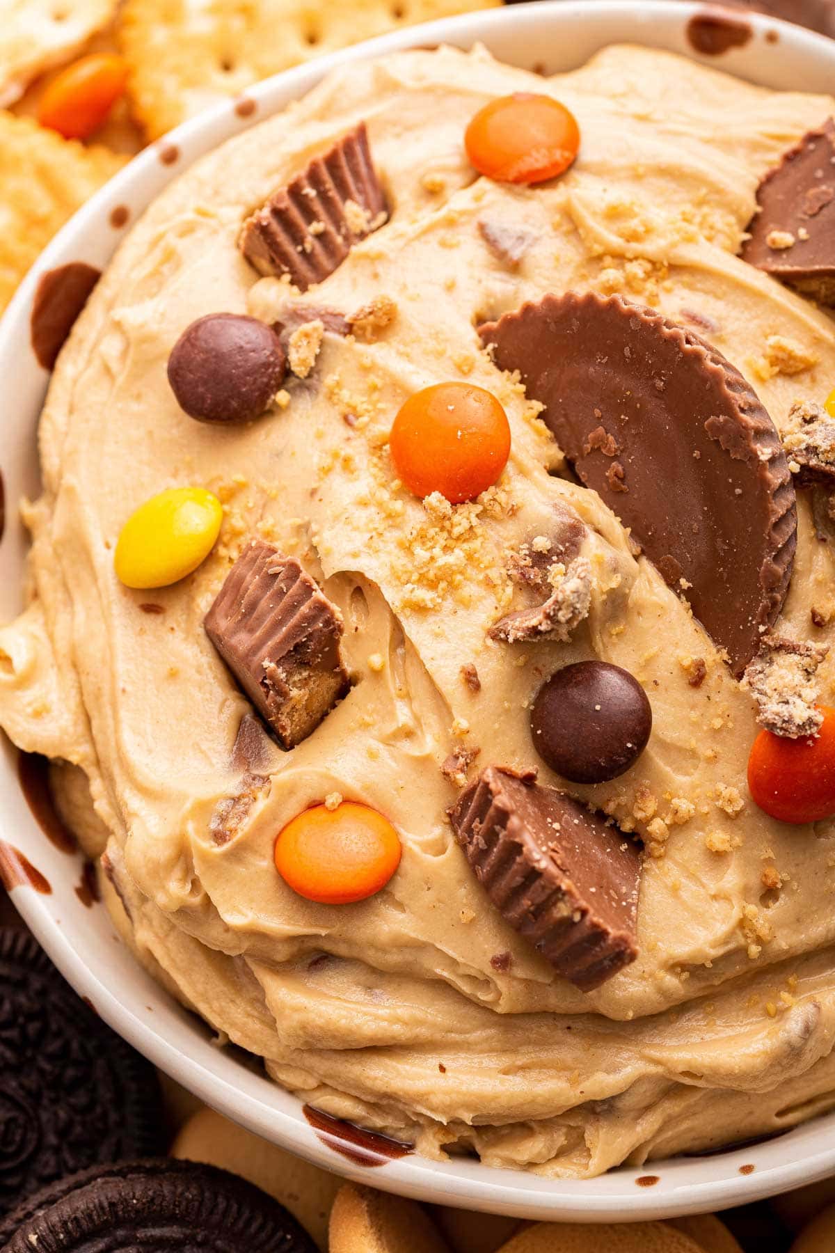 close up view of peanut butter cup dip highlighting the smooth, creamy texture.