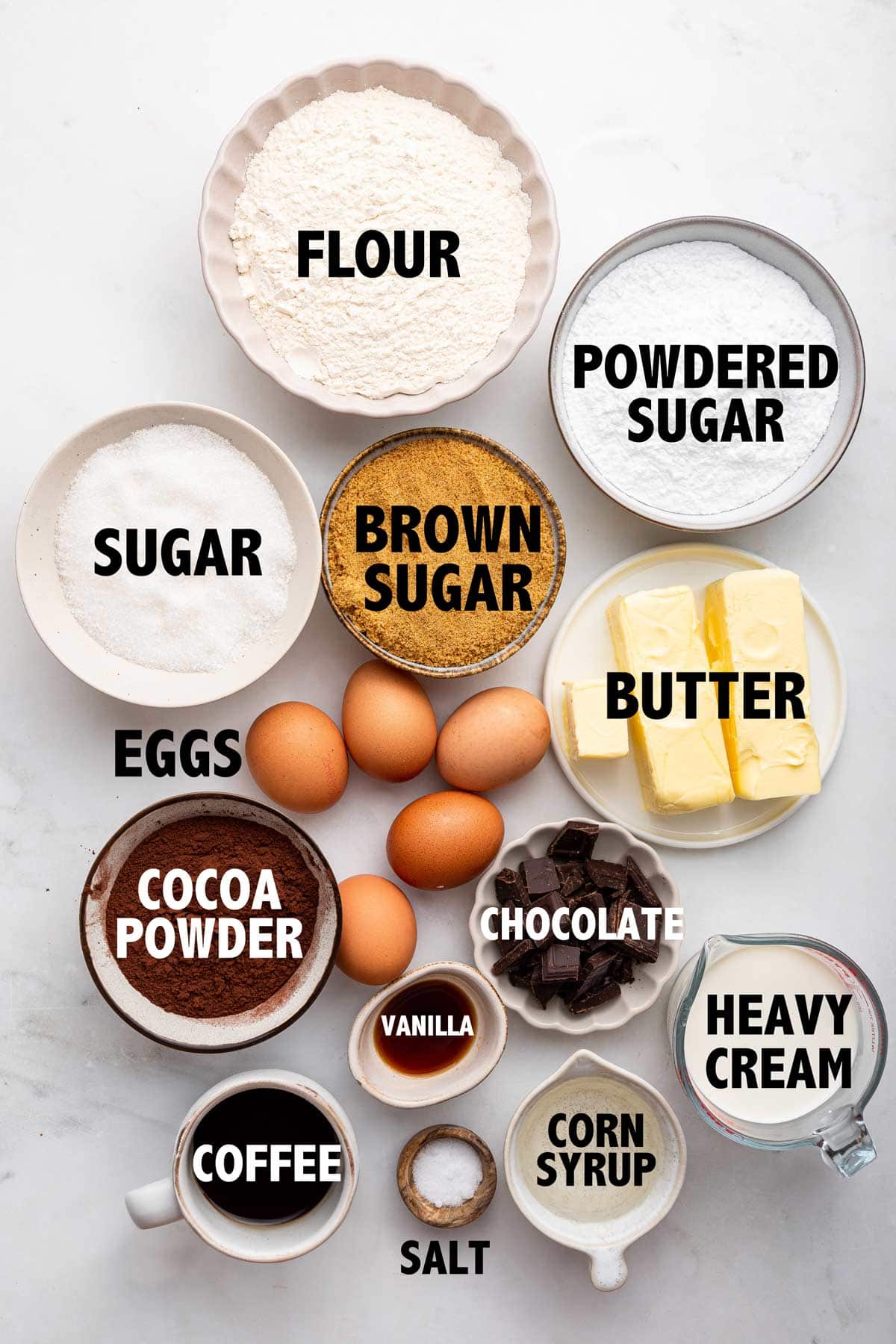 overhead view of ingredients used to make chocolate fudge bundt cake.