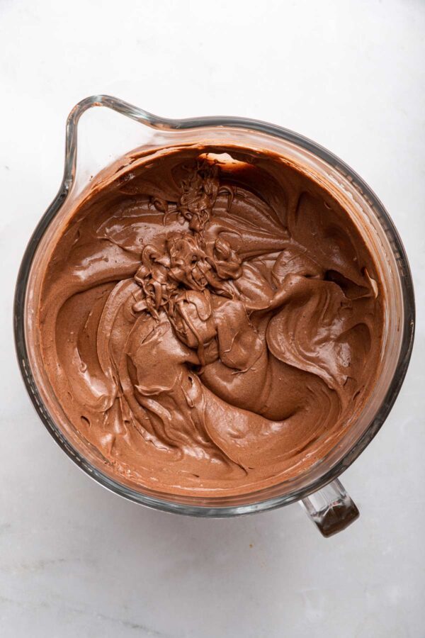 extra chocolately cake batter in a mixing bowl.