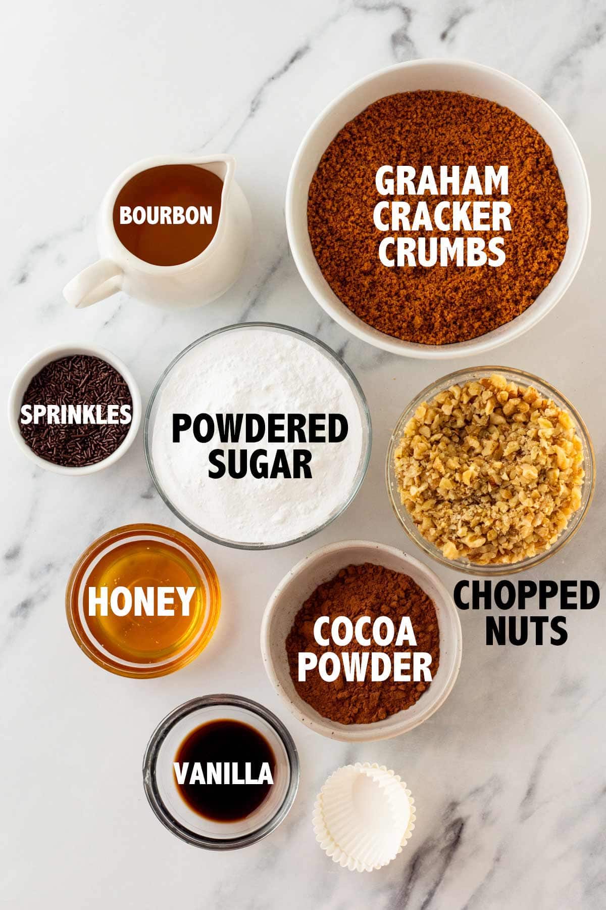 overhead view of ingredients used to make bourbon balls.