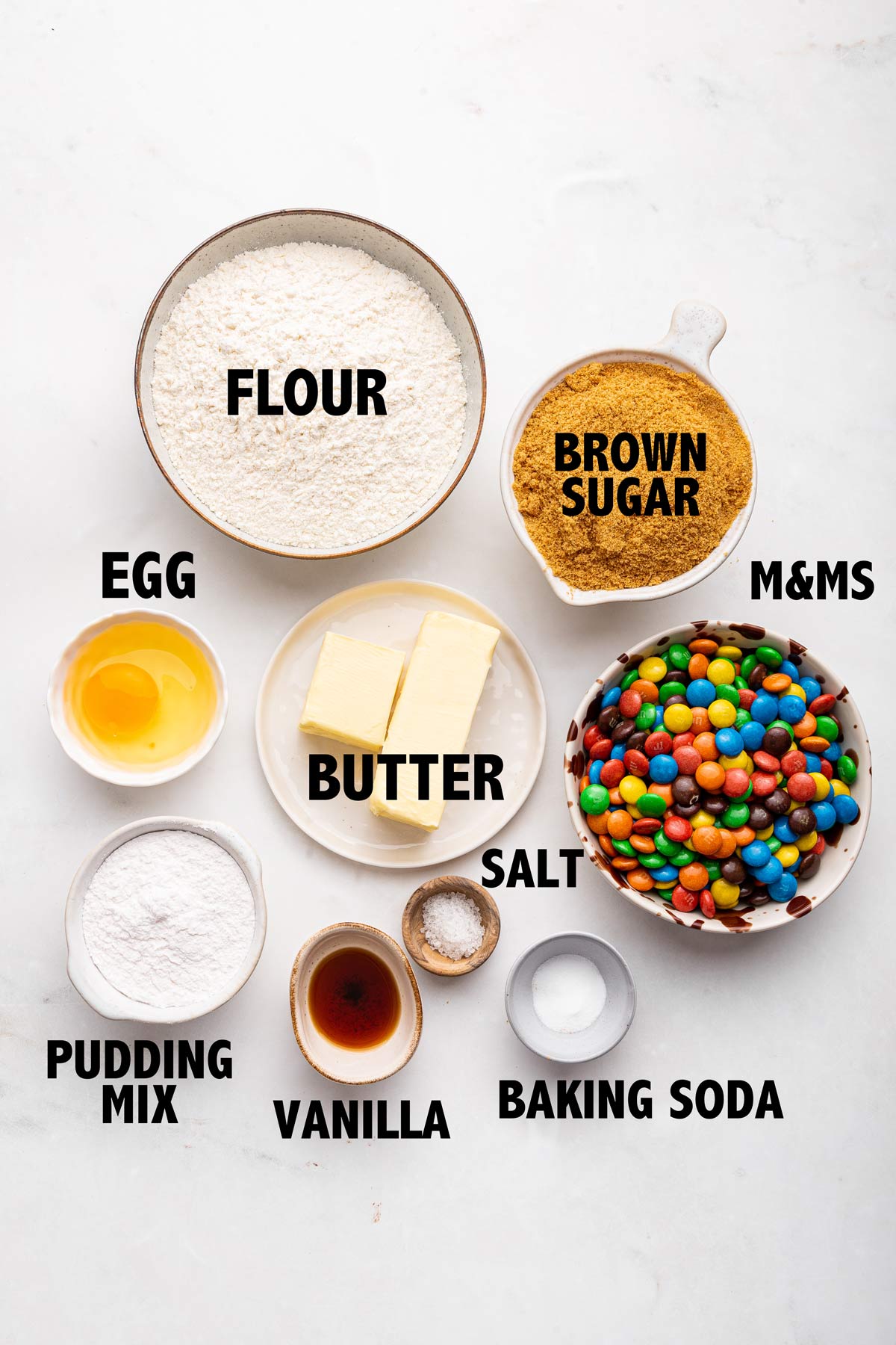 overhead view of ingredients used to make m&m cookies