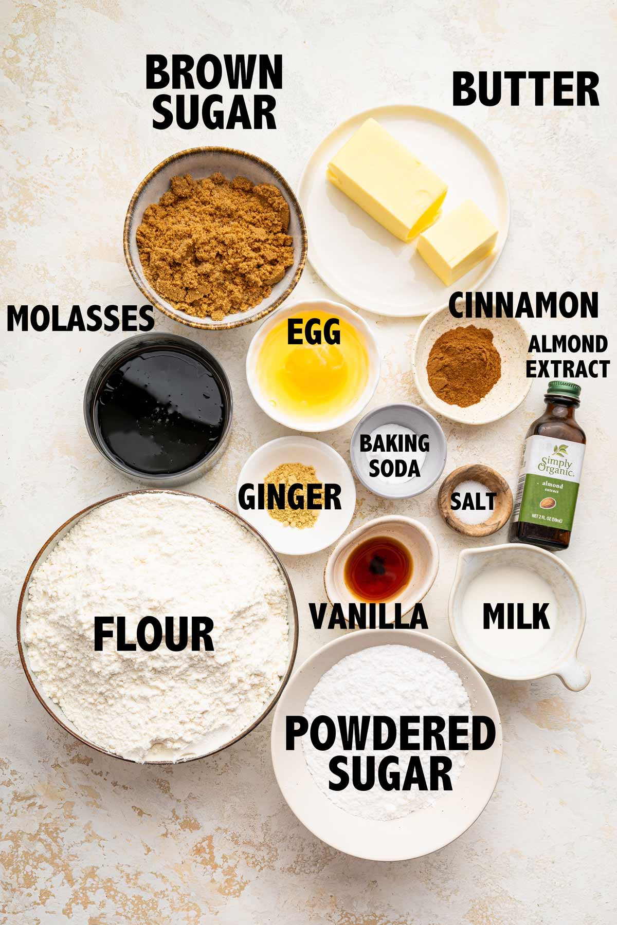 overhead picture of ingredients used to make gingerbread cookies.