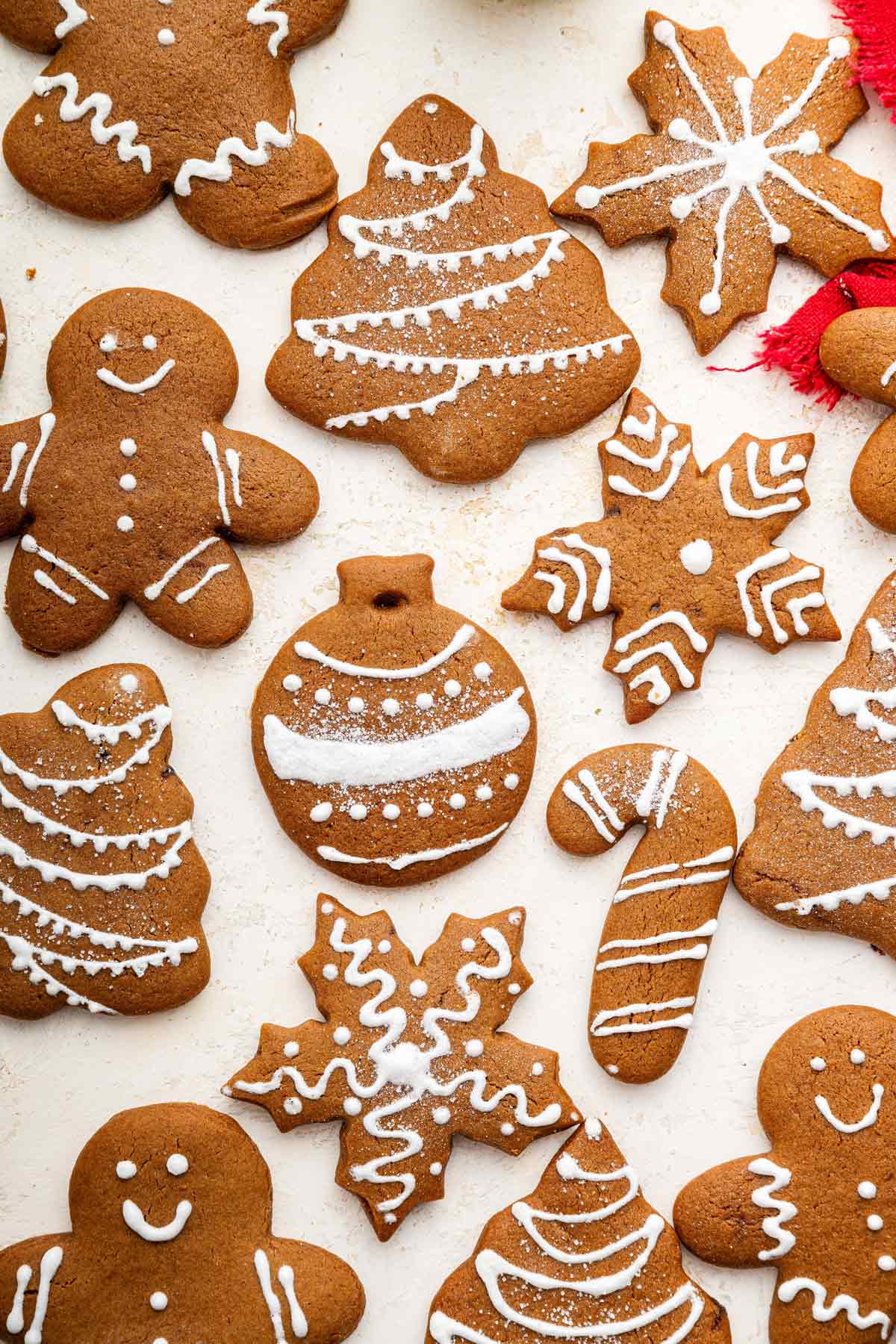 overhead view of decorated gingerbread cookies.